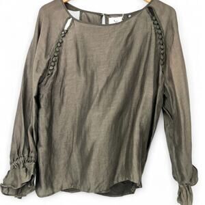 Aje 12 Linen Button Detail Top Blouse Ruffle Back Cutout Womens Olive Green L